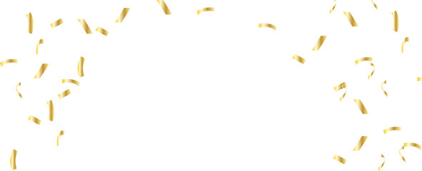 Gold confetti on transparent backdrop. Realistic falling tinsel. Luxury anniversary template. Flying decoration. Bright serpentine isolated. Birthday party backdrop. Vector illustration