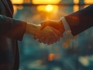 Two businessmen shaking hands in front of a sunset background.