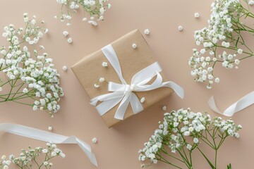 A small gift box wrapped in kraft paper and tied with white ribbon lies on the table, next to it is an elegant bouquet of gypsophila flowers. baby's breath flowers on a light background