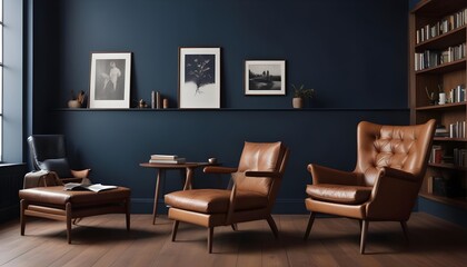 Modern living room interior with leather armchair on wood flooring and dark blue wall. 3D render