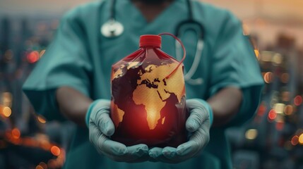 A medical professional holding a blood bag with a subtle world map overlay to highlight the international need for blood donors