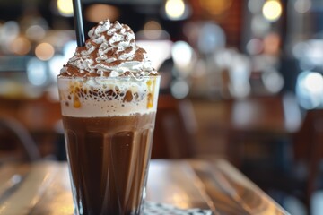 Rich Espresso Milkshake with Whipped Cream and Cocoa Sprinkles in a Stylish Coffee Shop