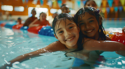 Obraz premium Two young girls smiling happily as they float in an indoor pool. The girls are enjoying their time together, and the image captures the joy and excitement of summer