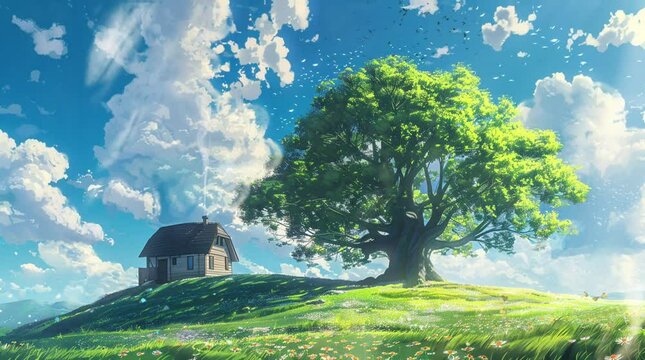 landscape with house next to a big tree trees and beautiful sky. cartoon or anime style. seamless video illustration digital time-lapse 4k background. 