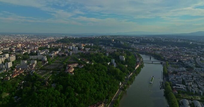 Aerial view of suburb of the French city of Lyon view of the river. France 