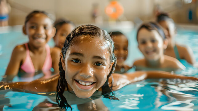 A young girl with long dark hair smiles broadly as she swims in an indoor pool. She is surrounded by other children who are also swimming and having fun