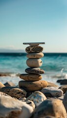 Sleek Smartphone on Smooth Stones by Ocean Beach at Sunset, Perfect for Balance and Design Concept