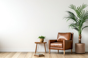 Minimalist living room with a clean and cozy aesthetic, featuring a brown leather armchair.