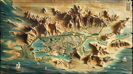 A vintage, illustrated map of a fictional coastal landscape with mountains, waterways, and ships