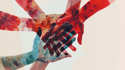 A person donating blood with a double exposure effect of diverse hands from around the world joining together