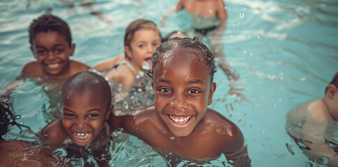 A group of children in the pool, smiling and having fun together during a summer swimming class at school gymnasium