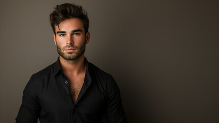 Fototapeta premium portrait of a handsome young man in black shirt standing against the wall in studio