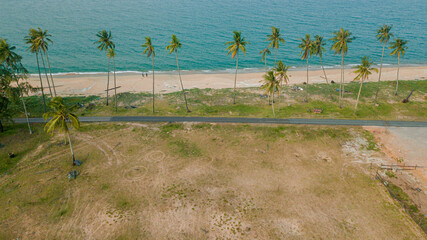 Aerial drone view of coastal scenery at Pantai Jambu Bongkok, Marang, Terengganu, Malaysia