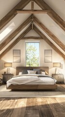 A simple and clean modern bedroom with an attic window, skylight, wooden floor, soft lighting, grey bed linen, blue sky outside the window
