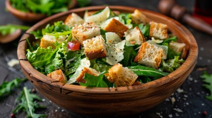 Close-up of a salad with croutons and cheese in a wooden bowl