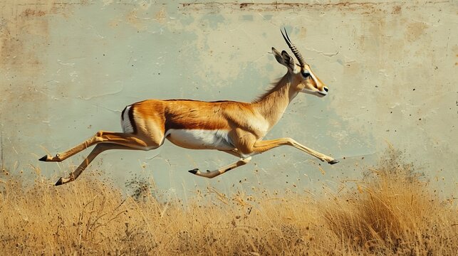 A springbok leaps through tall grass in the African savanna - Powered by Adobe