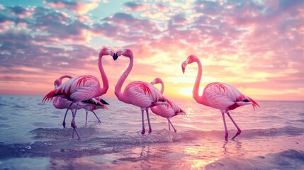 Naklejka premium A group of pink flamingos stand in shallow water at sunset