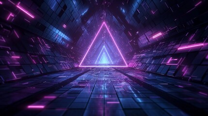 Naklejka premium Futuristic Neon Triangle in Sci-Fi Corridor