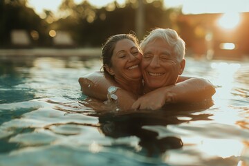 A couple of joyful seniors splash around in the pool, swimming and lounging on floats. Elderly companions making the most of a sunny day by the pool