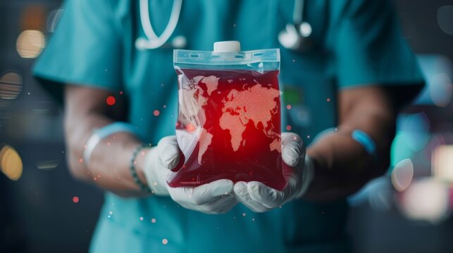 A medical professional holding a blood bag with a subtle world map overlay to highlight the international need for blood donors
