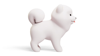 Simple cute fluffy cartoon samoyed puppy with dot eyes, red tongue sticking out of mouth in standing playful pose. Lovely adorable pet in minimal style. Side view. 3d render isolated white backdrop.