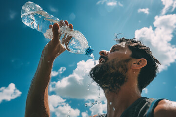 A man pouring water into his mouth under very hot weather.