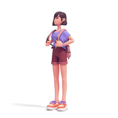 Cute smiling kawaii positive excited funny asian colorful brunette k-pop girl in fashion clothes blue t-shirt, brown shorts standing with backpack. Back to school. 3d render isolated on white backdrop