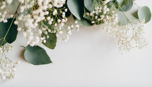 Feminine wedding desktop mockup with delicate baby's breath (Gypsophila) flowers, vintage-style invitations, and elegant stationery, perfect for showcasing bridal and wedding-related content