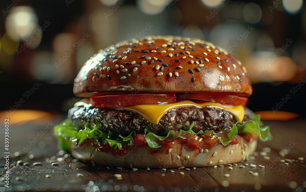 Wall mural a delicious cheeseburger with lettuce and tomato