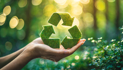 hands hold a green recycle symbol against a sunlit forest background, symbolizing environmental protection, sustainability, and the importance of recycling