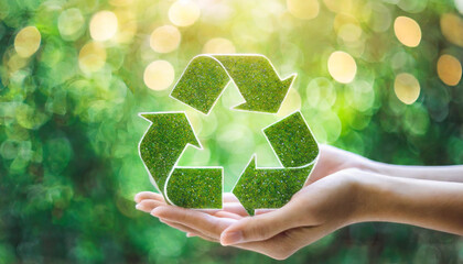 hands hold a green recycle symbol against a sunlit forest background, symbolizing environmental protection, sustainability, and the importance of recycling