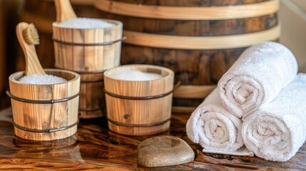 Rustic wooden bathhouse interior with soft white towels and a water bucket on a table, against the backdrop