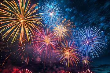 Obraz premium Fireworks of various colors bursting against a black