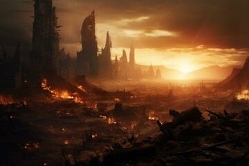 Naklejka premium Apocalyptic cityscape at sunset with fiery sky and desolate ruins, depicting a dystopian world devastated by urban decay and warfare, creating a dramatic and eerie post-disaster landscape