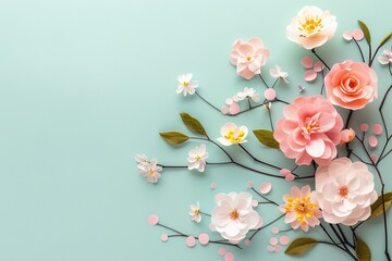 Flowers paper cut design. Beautiful spring paper cut flowers on soft color background. Valentine's Day, Birthday, Happy Woman Day, Mother's Day. Holiday poster and banner with flower papercut