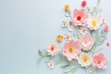 Flowers paper cut design. Beautiful spring paper cut flowers on soft color background. Valentine's Day, Birthday, Happy Woman Day, Mother's Day. Holiday poster and banner with flower papercut