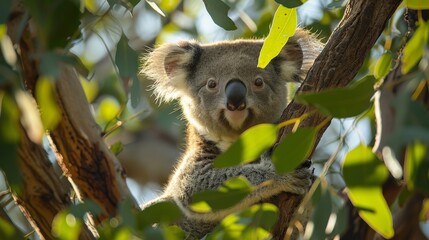 Fototapeta premium A koala sits in a eucalyptus tree, peeking through the leaves