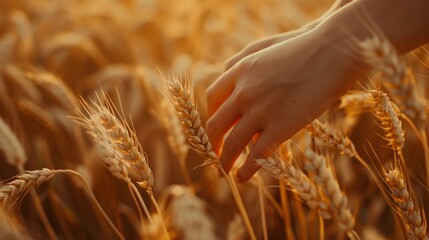 Close up view of a hand lightly touching the tips of wheat in the field generative ai