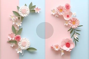 Flowers paper cut design. Beautiful spring paper cut flowers on soft color background. Valentine's Day, Birthday, Happy Woman Day, Mother's Day. Holiday poster and banner with flower papercut