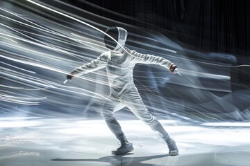 Intense Fencing Action - Dynamic Lunge Attack in Motion Blur Ideal for Sports Posters and Promotions