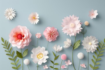 Flowers paper cut design. Beautiful spring paper cut flowers on soft color background. Valentine's Day, Birthday, Happy Woman Day, Mother's Day. Holiday poster and banner with flower papercut