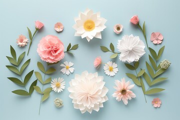 Obraz premium Flowers paper cut design. Beautiful spring paper cut flowers on soft color background. Valentine's Day, Birthday, Happy Woman Day, Mother's Day. Holiday poster and banner with flower papercut