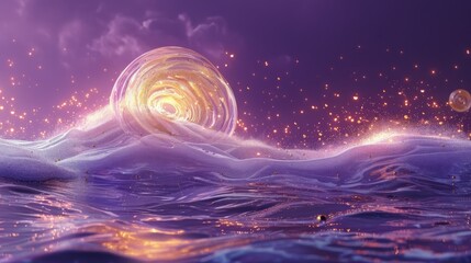 Surreal digital art of glowing orb over a purple ocean with sparkling lights in sky. An ethereal and dreamy fantasy landscape illustration.