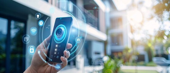 Enhanced Home Security with Smart Doorbell Camera - Smartphone Video Feed and Security Icons