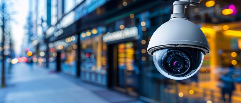 Modern Commercial Property with Security Cameras and Spacious Storefront for Custom Text Design.