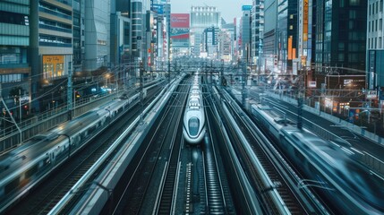Fototapeta premium High-speed train network interface, visualizing the seamless integration of maglev technology across an urban landscape Generative Ai