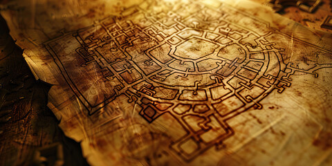 Fototapeta premium The Luminous Labyrinth Unveiled: A map of the Caves of Steel, intricately drawn on parchment paper.