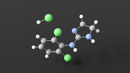 clonidine hydrochloride molecular structure, hydrochloride salt form of clonidine, ball and stick 3d model, structural chemical formula with colored atoms