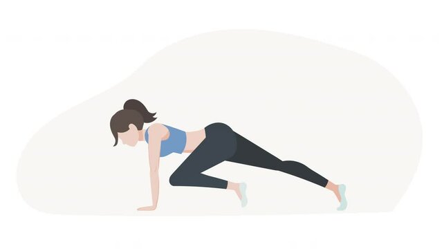 Female cartoon character doing exercise. Fitness and workout, healthy lifestyle concepts. 4K, Looped 2D animation.