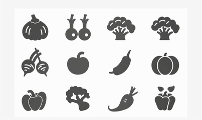 A set of simple, colorful icons isolated on a white background depicting: Tomatoes, Cucumbers, Potatoes, Cauliflower, Carrots, Lettuce, Peppers,